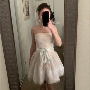 Strapless light pink lace mini formal dress
